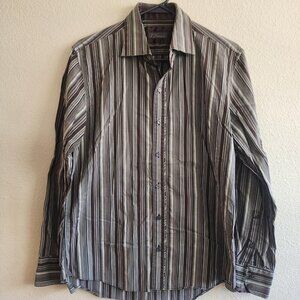 7 Diamonds Shirt Mens Medium Brown Striped Button Up Long Sleeve Cotton Modern